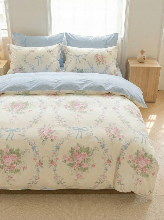 Komplet Pościeli Bawełnianej Dwustronnej 3-częściowej Kwiaty Kokardki