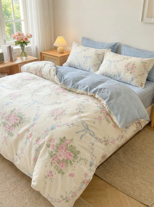 Komplet Pościeli Bawełnianej Dwustronnej 3-częściowej Kwiaty Kokardki