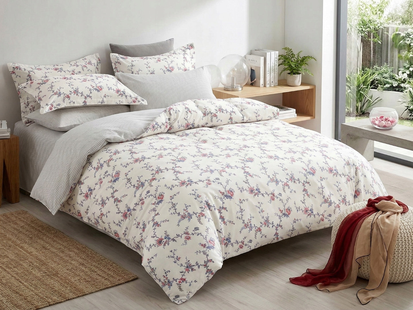 Komplet Pościeli Bawełnianej Dwustronnej 3-częściowej Kwiaty Paski