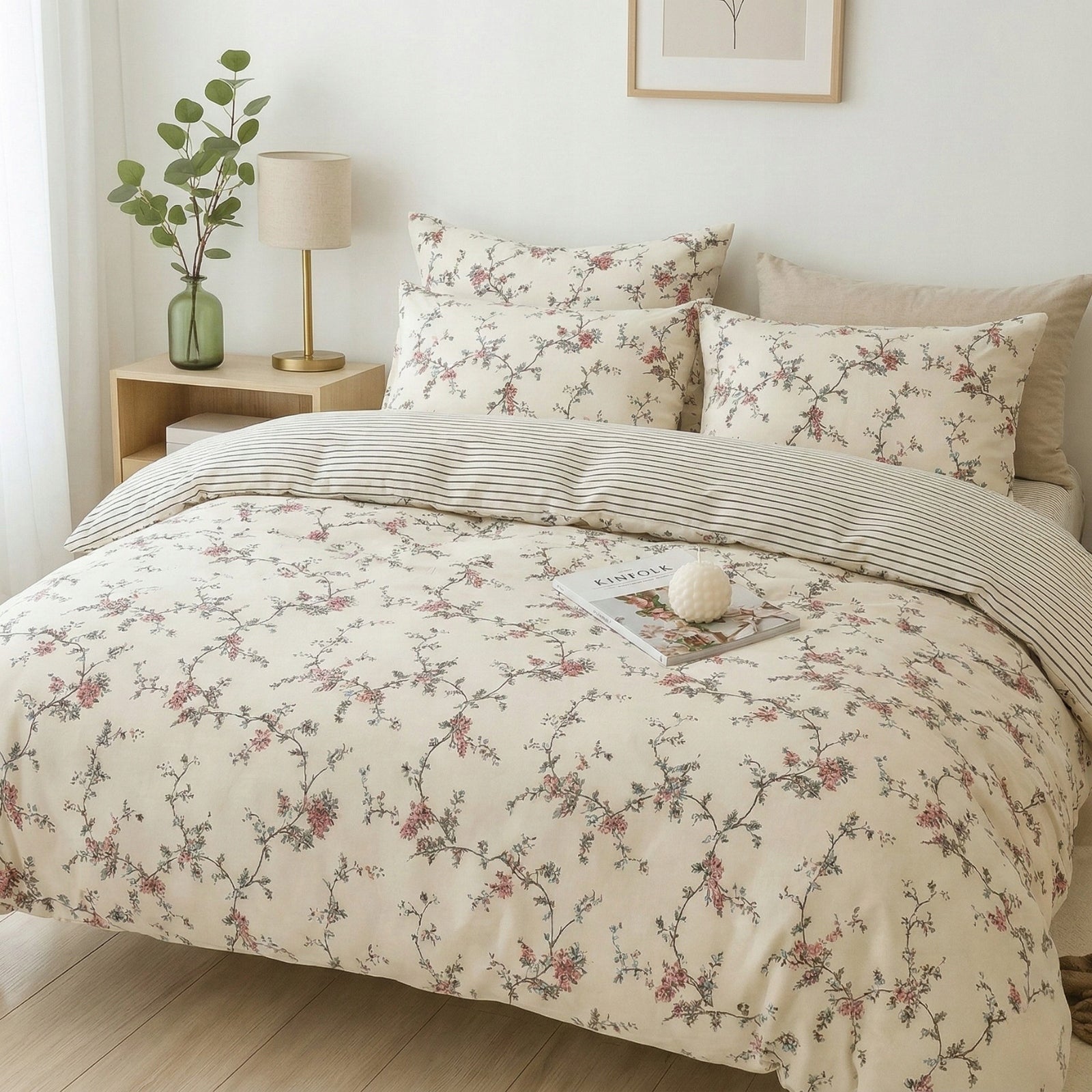 Komplet Pościeli Bawełnianej Dwustronnej 3-częściowej Kwiaty Paski