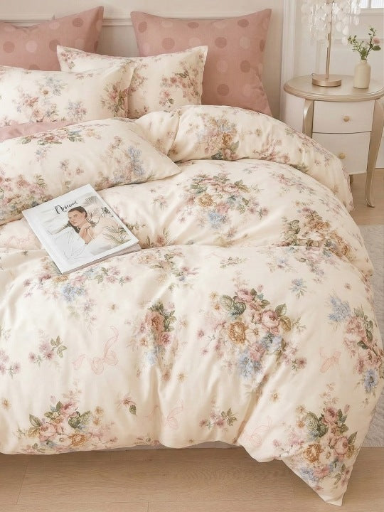 Komplet Pościeli Bawełnianej Dwustronnej 3-częściowej Kwiaty z Kokardkami