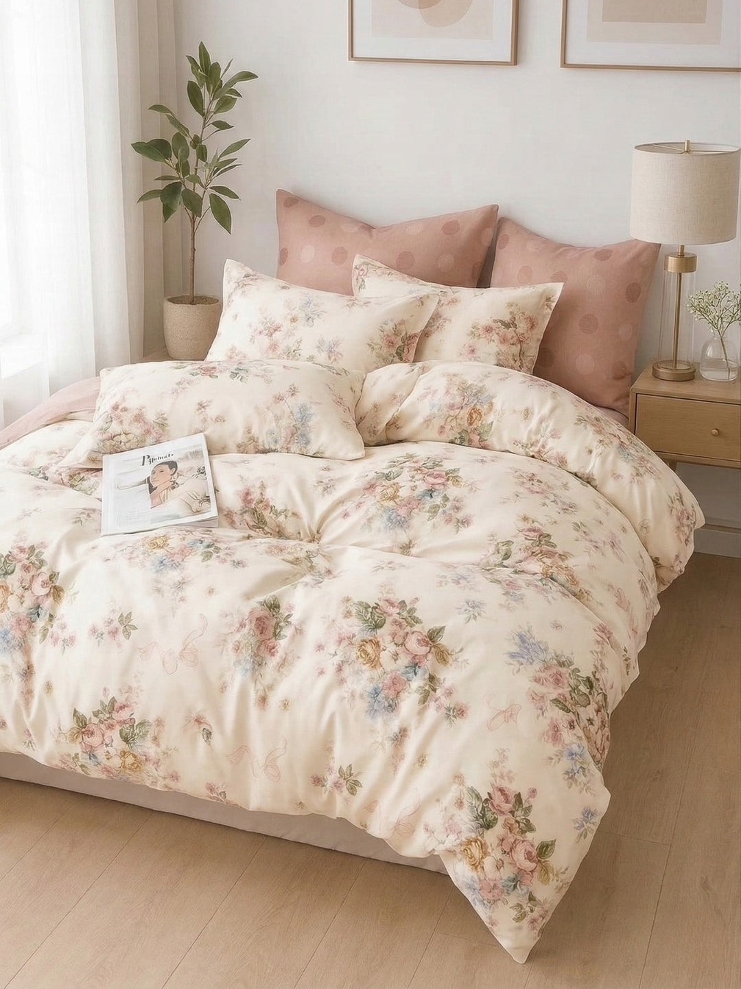 Komplet Pościeli Bawełnianej Dwustronnej 3-częściowej Kwiaty z Kokardkami