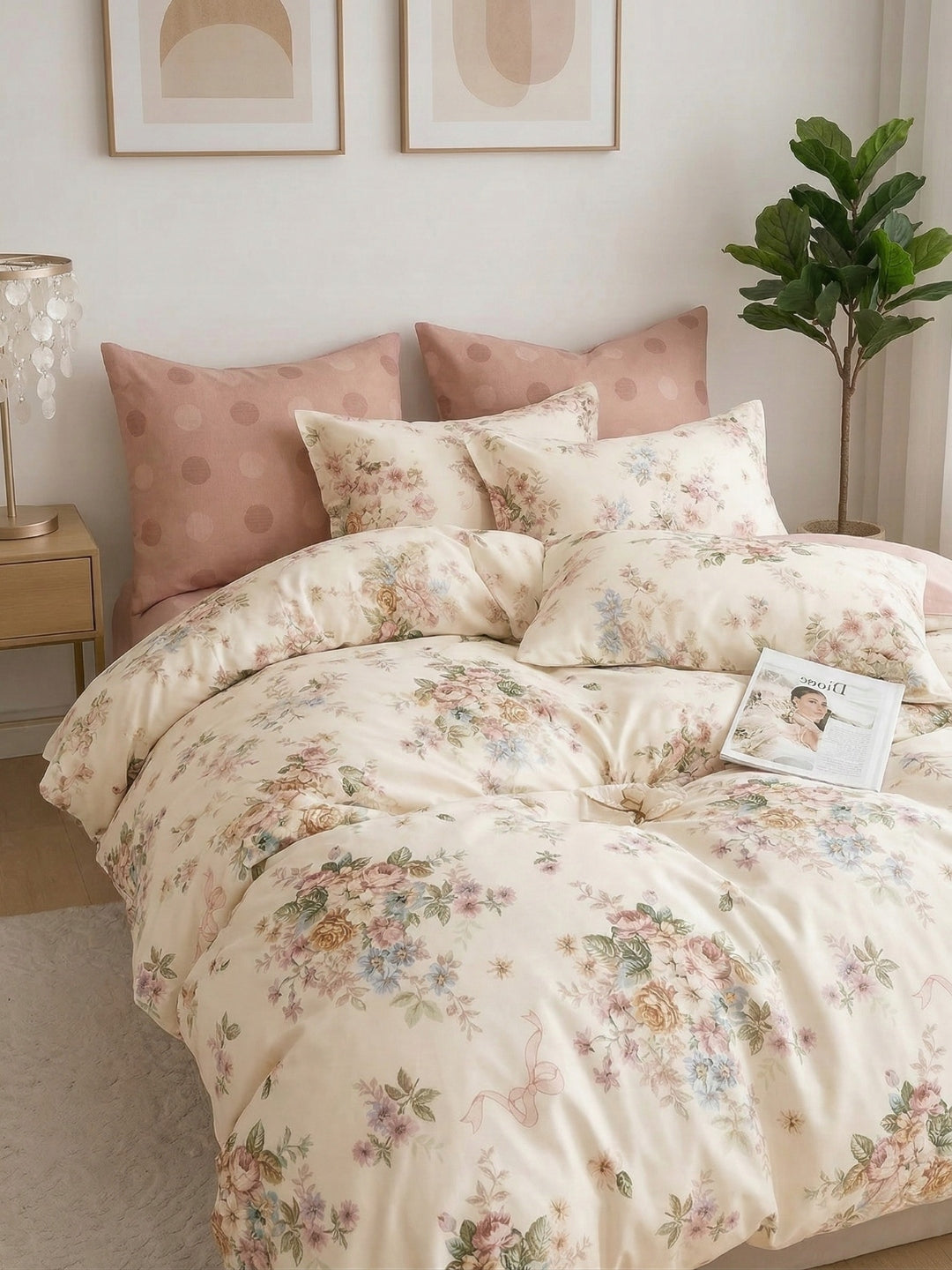 Komplet Pościeli Bawełnianej Dwustronnej 3-częściowej Kwiaty z Kokardkami