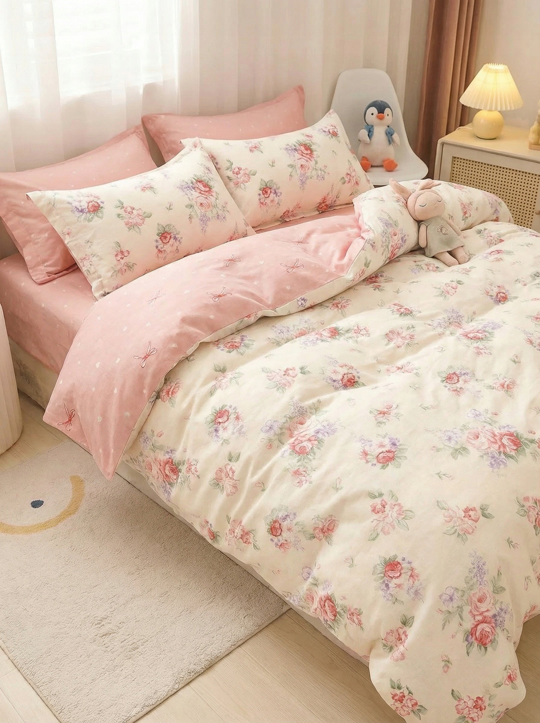 Komplet Pościeli Bawełnianej Dwustronnej 3-częściowej w Kokardki Kwiaty