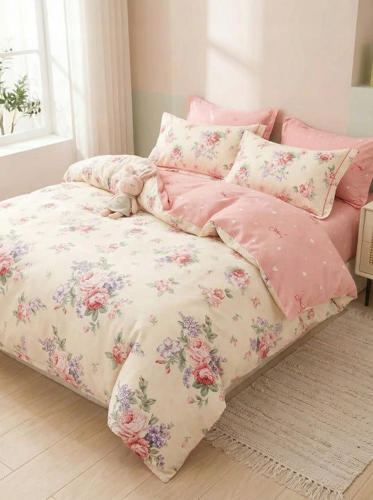 Komplet Pościeli Bawełnianej Dwustronnej 3-częściowej w Kokardki Kwiaty