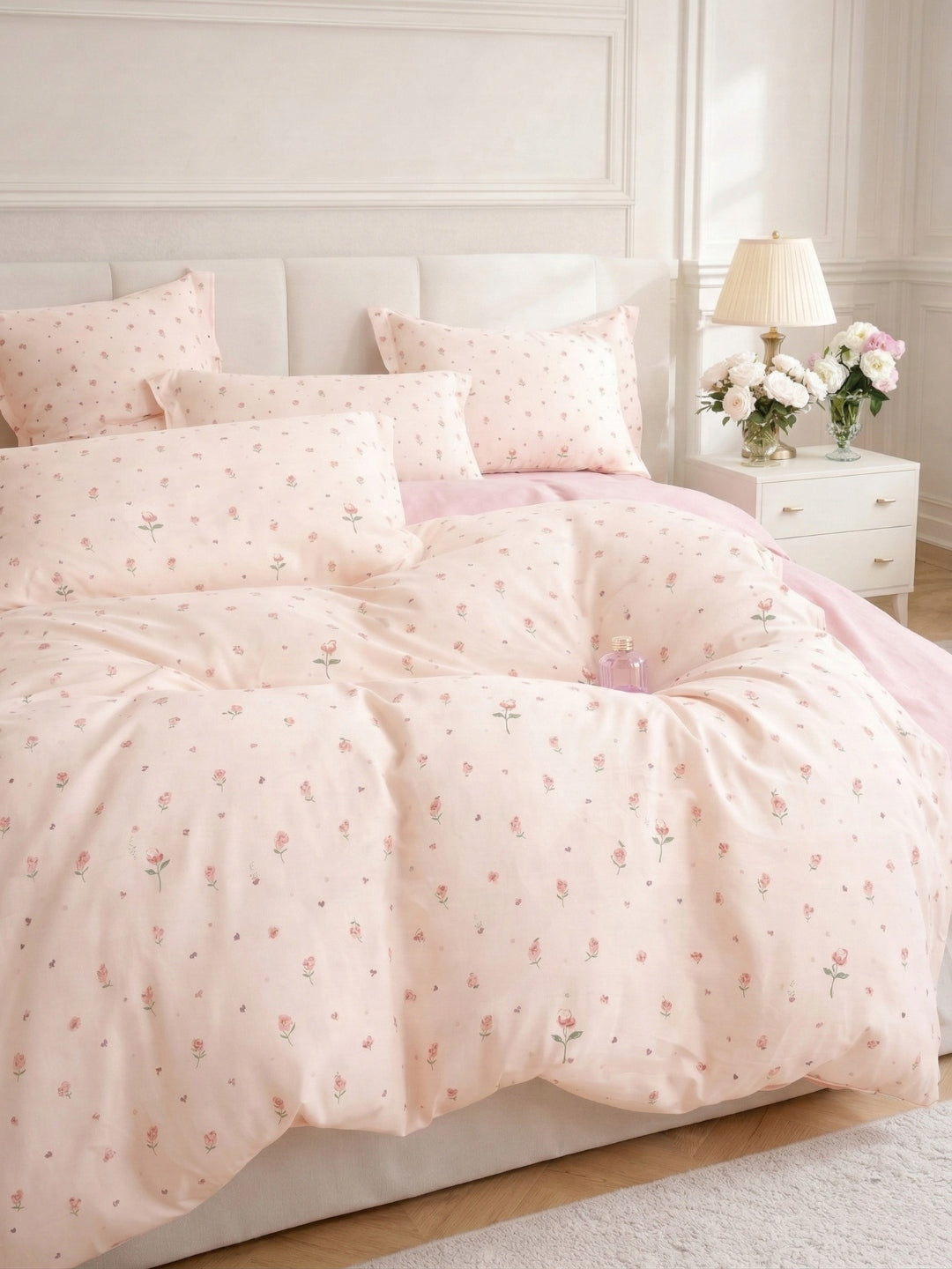 Komplet Pościeli Bawełnianej Dwustronnej 3-częściowej Różowej Róże Serduszka