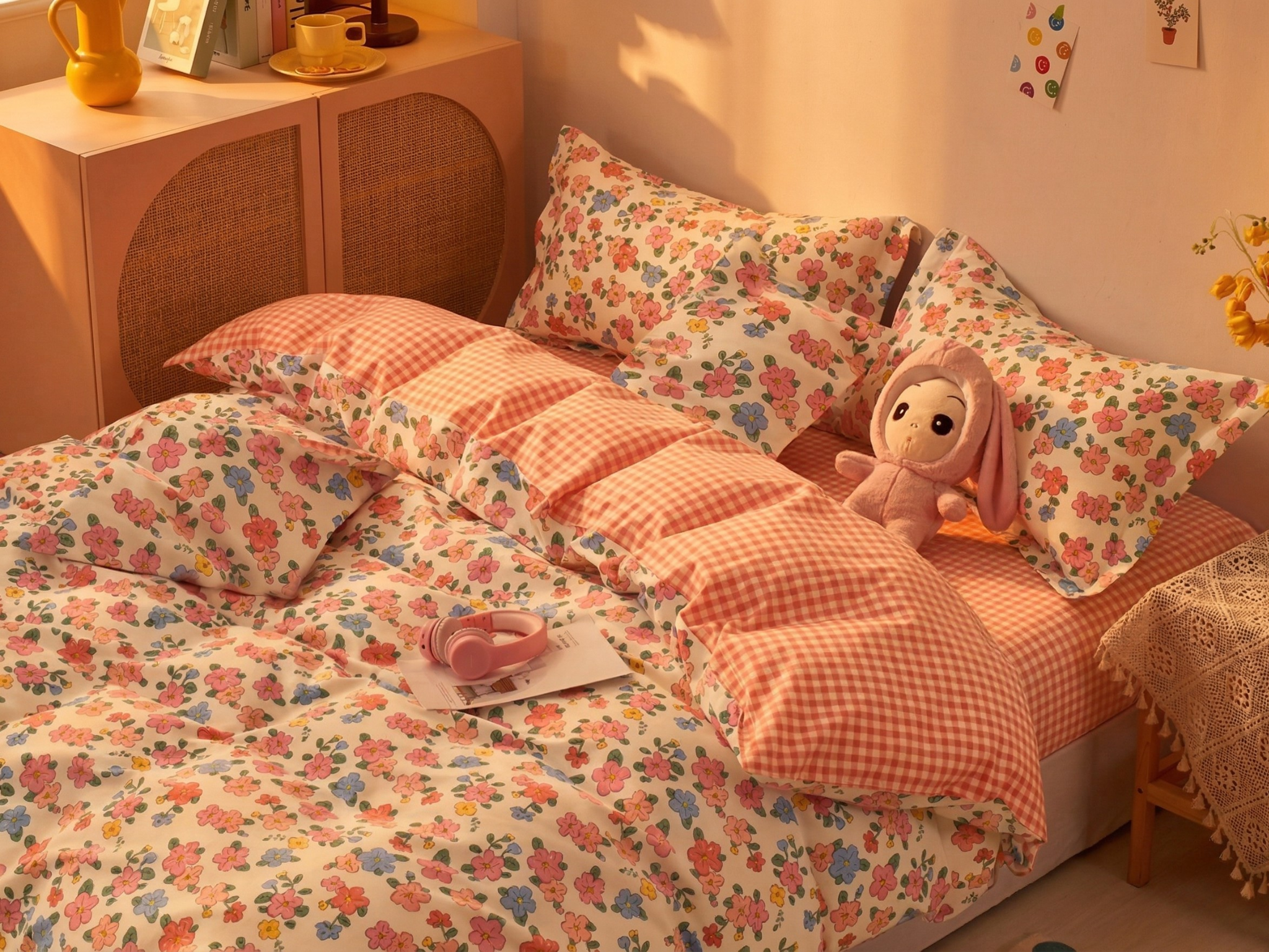 Komplet Pościeli Bawełnianej Dwustronnej 3-częściowej Kwiaty Kratka