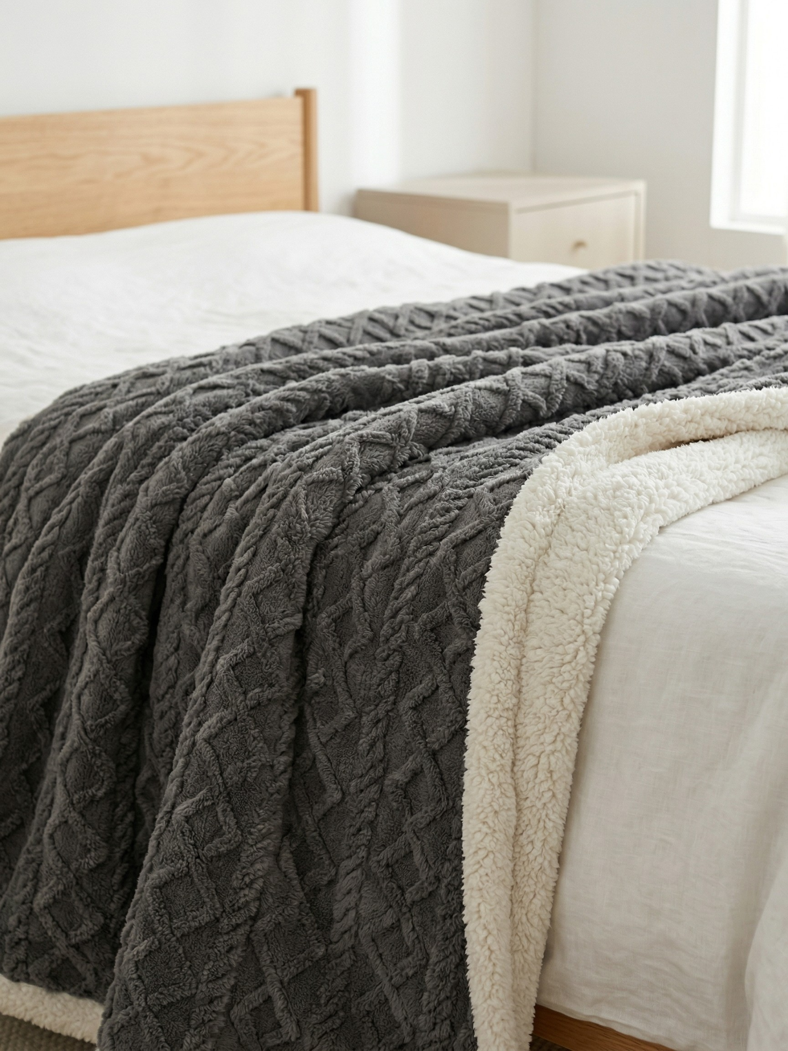 Miękki Koc Baranek Ciepły Dwustronny Grafitowy