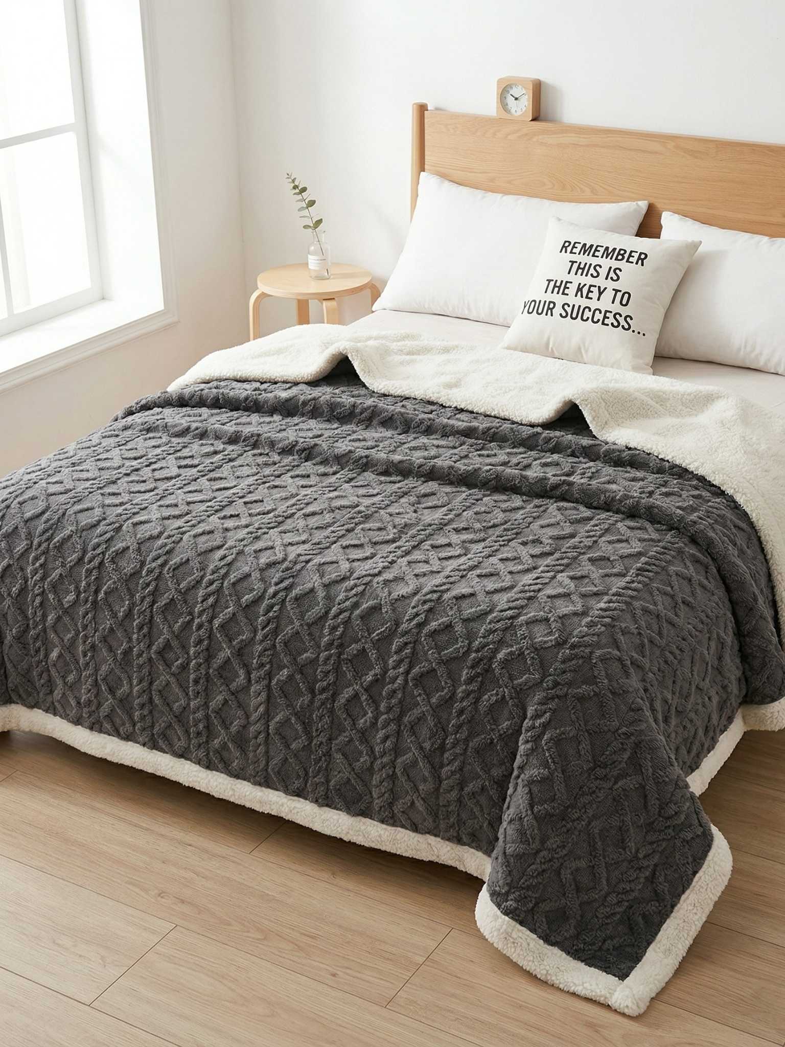 Miękki Koc Baranek Ciepły Dwustronny Grafitowy