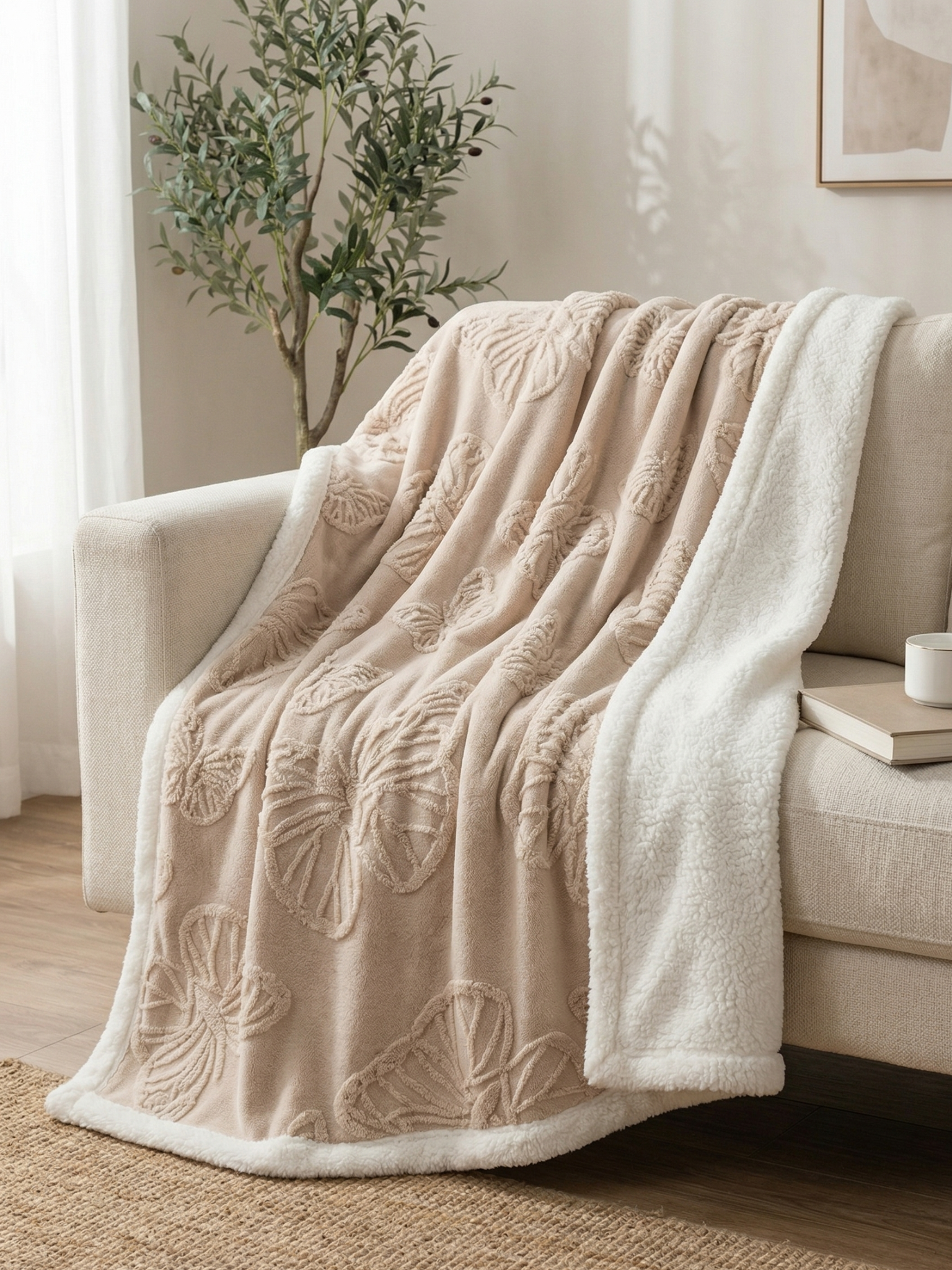 Koc Baranek Z Motylami Dwustronny Sherpa Beżowy