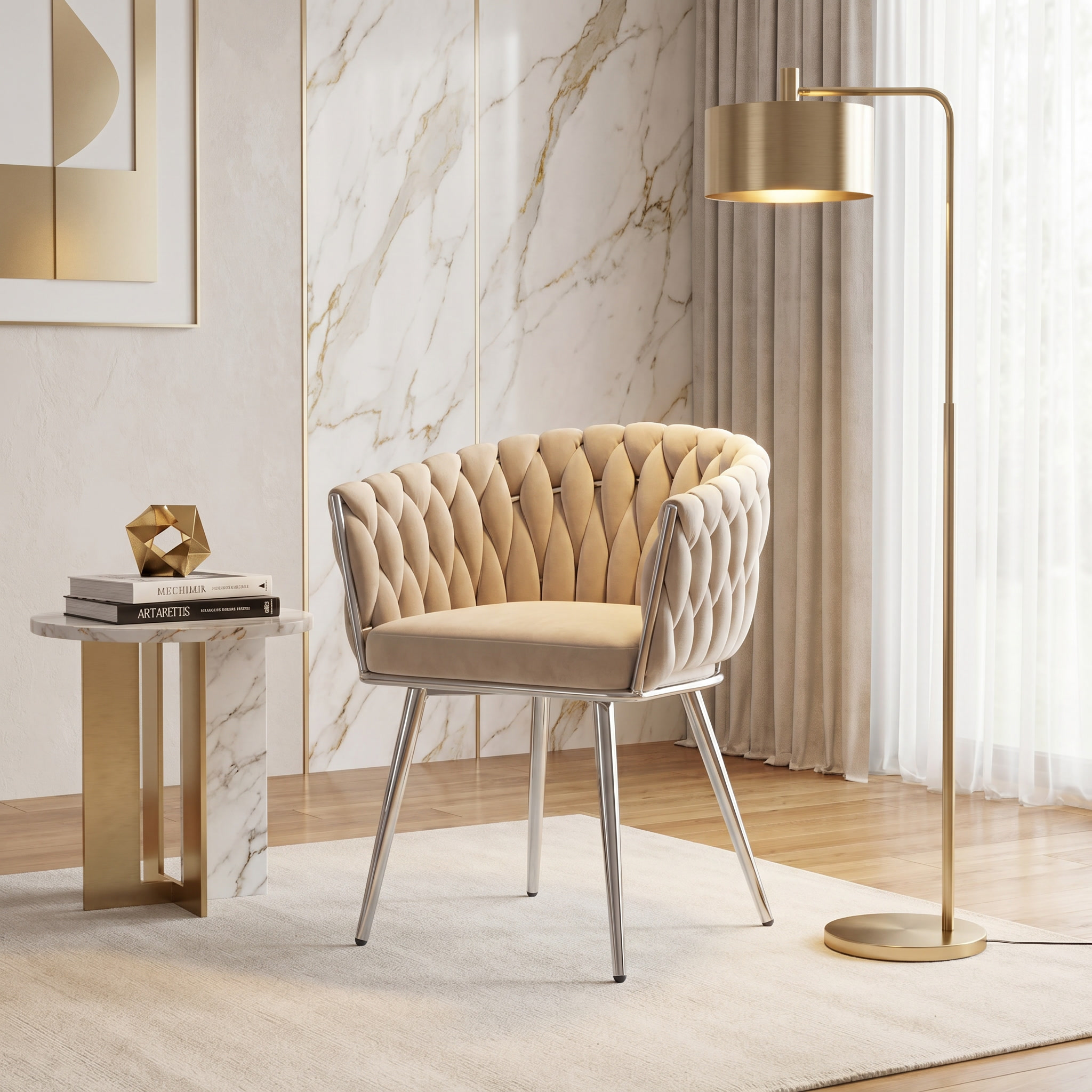 Krzesło welurowe plecione BEIGE CHROM VELVET beżowe