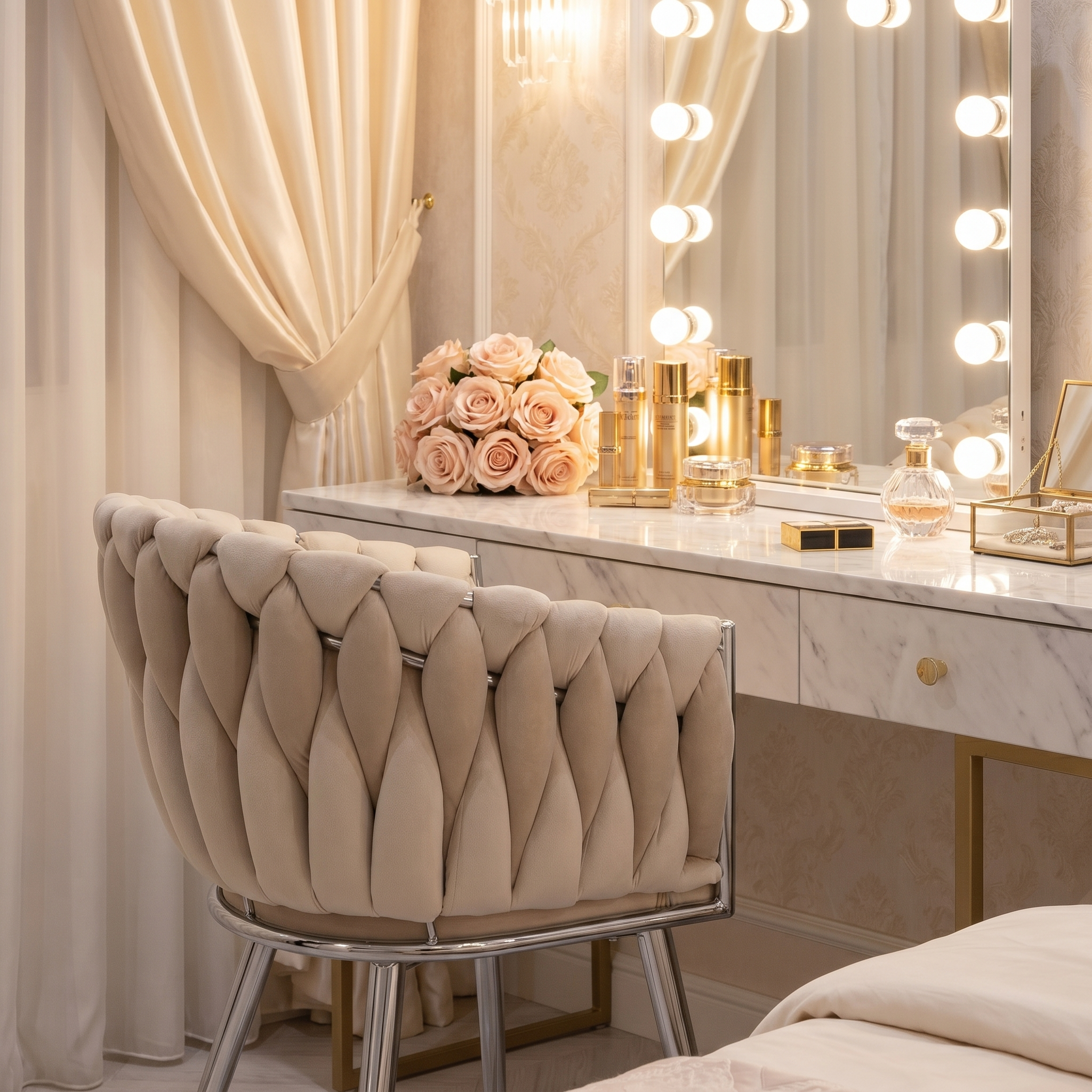 Krzesło welurowe plecione BEIGE CHROM VELVET beżowe