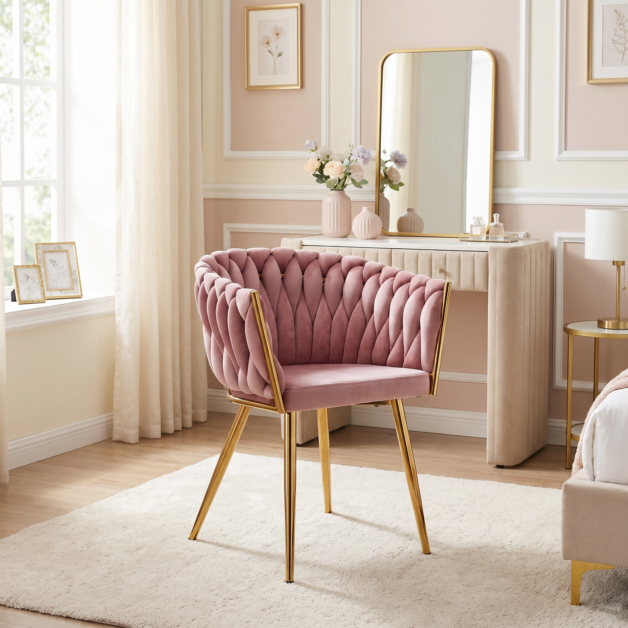 Krzesło welurowe plecione PINK GOLD VELVET różowe
