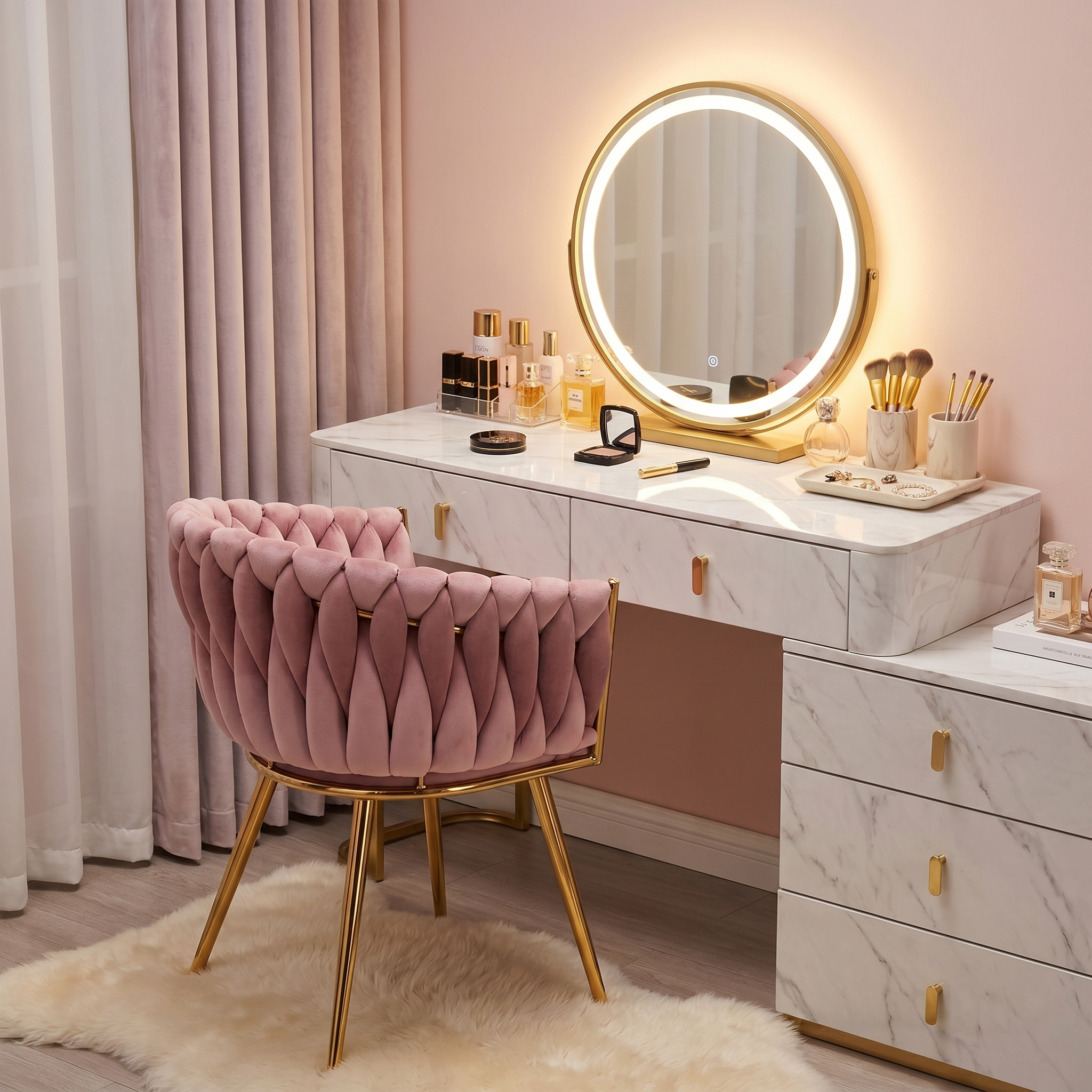 Krzesło welurowe plecione PINK GOLD VELVET różowe