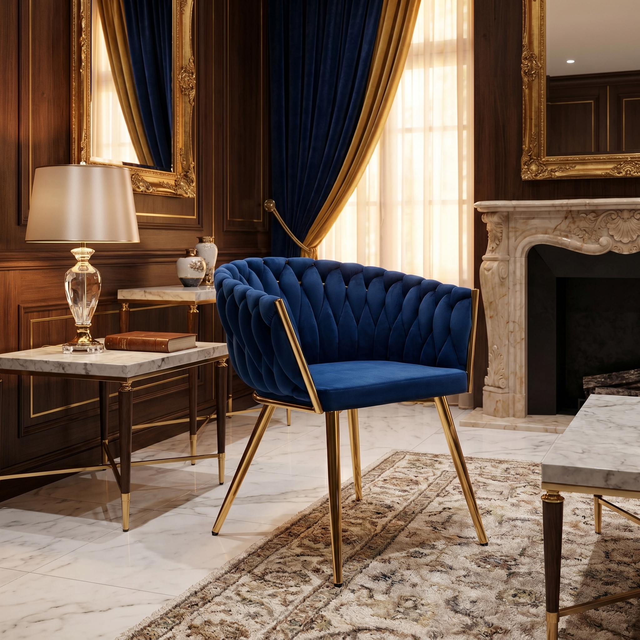 Krzesło welurowe plecione NAVY GOLD VELVET granatowe