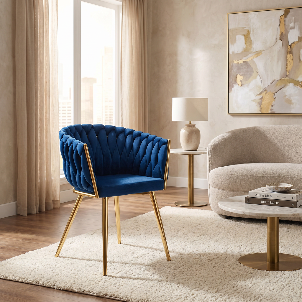 Krzesło welurowe plecione NAVY GOLD VELVET granatowe