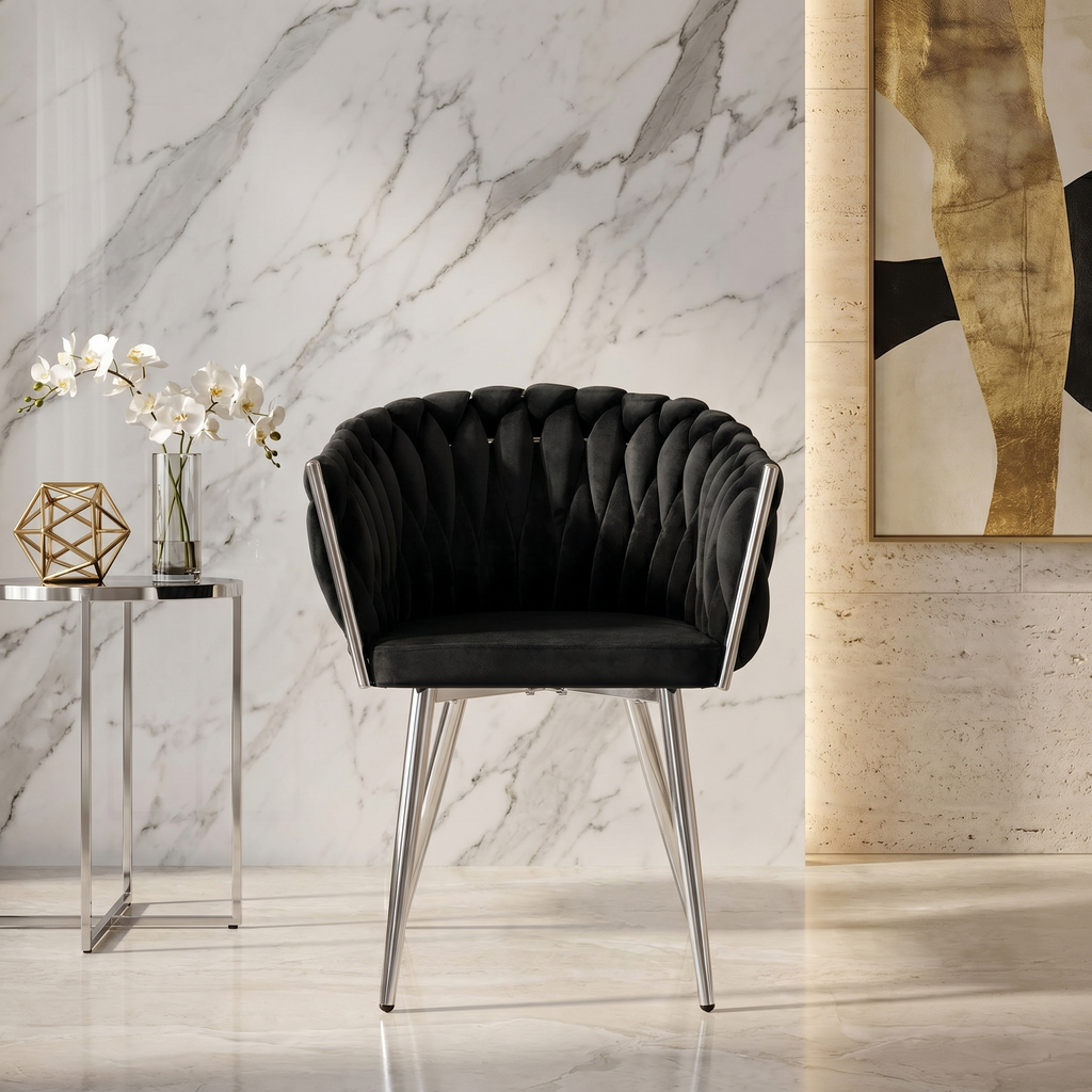 Krzesło welurowe plecione BLACK CHROM VELVET czarne