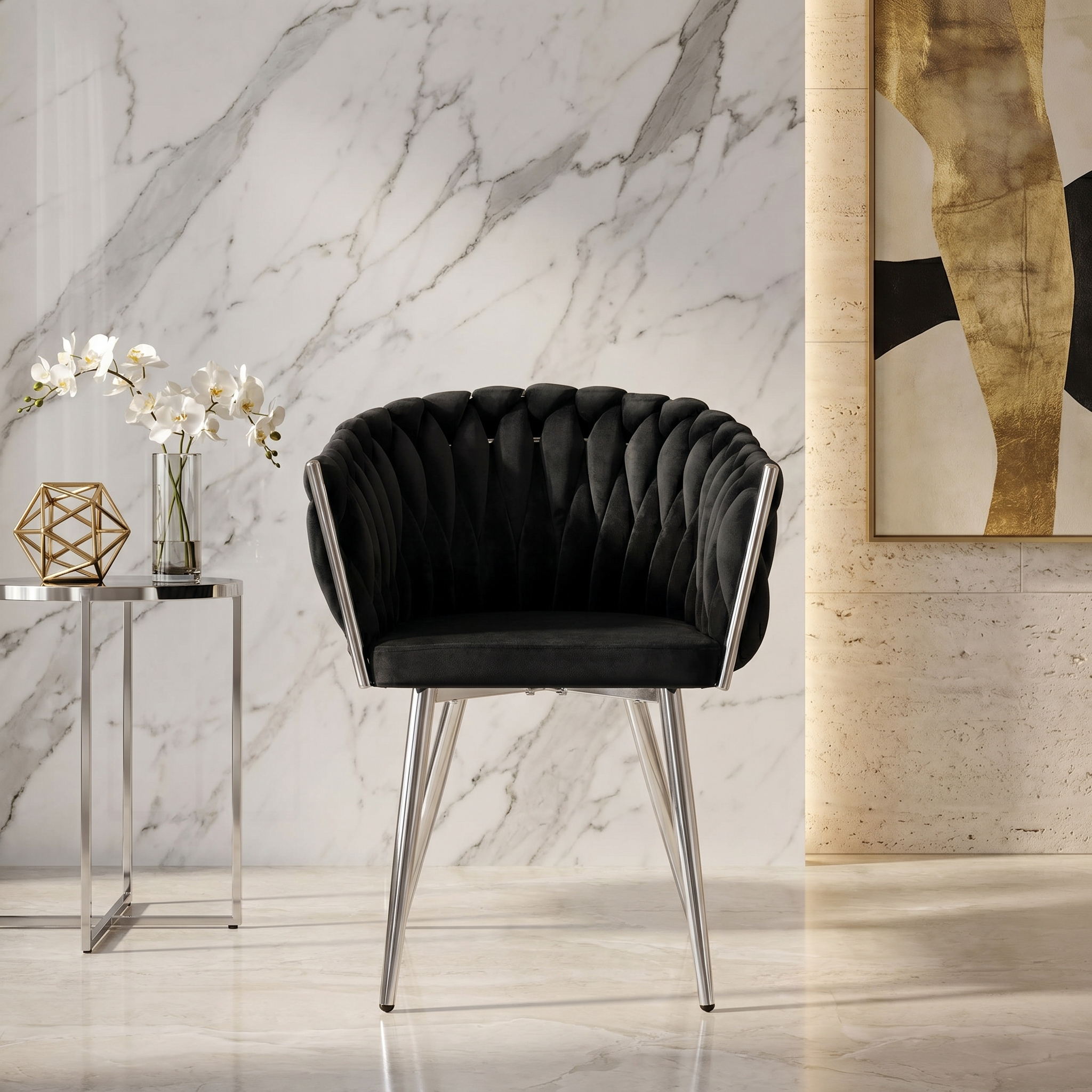 Krzesło welurowe plecione BLACK CHROM VELVET czarne
