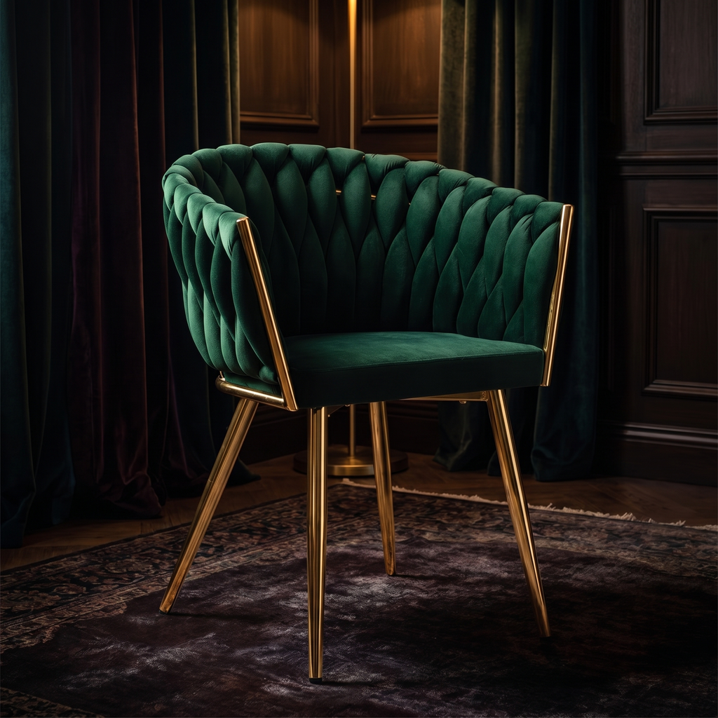 Krzesło welurowe plecione GREEN GOLD VELVET ciemnozielone