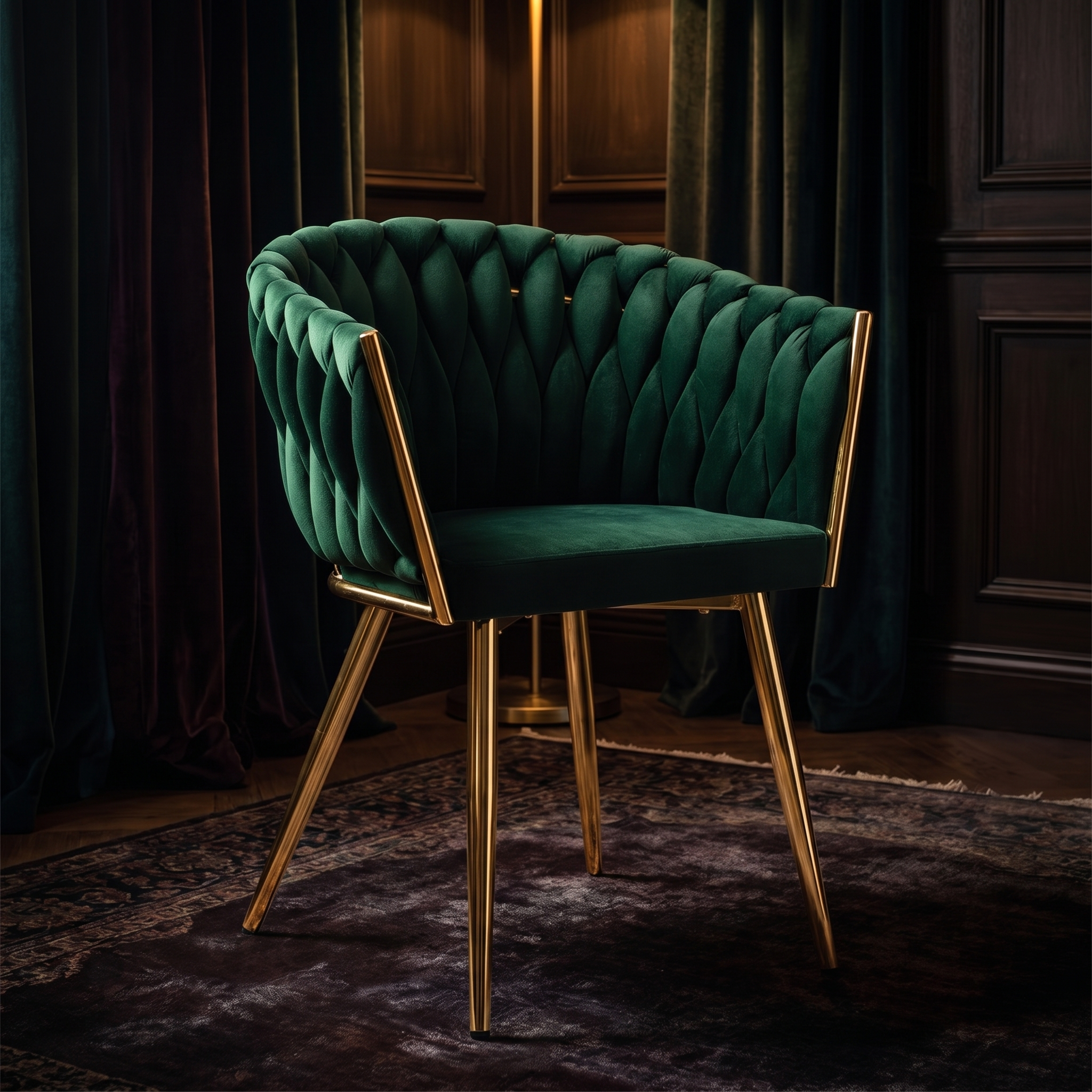 Krzesło welurowe plecione GREEN GOLD VELVET ciemnozielone