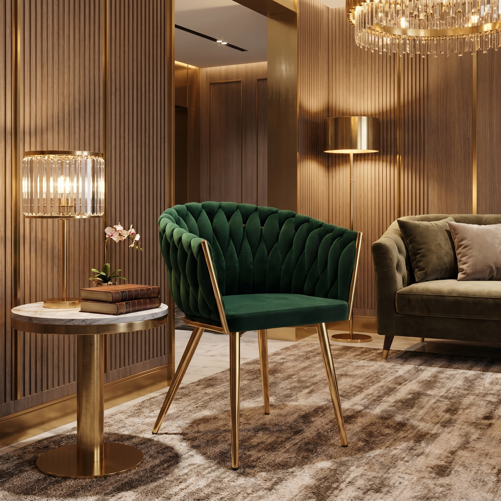 Krzesło welurowe plecione GREEN GOLD VELVET ciemnozielone