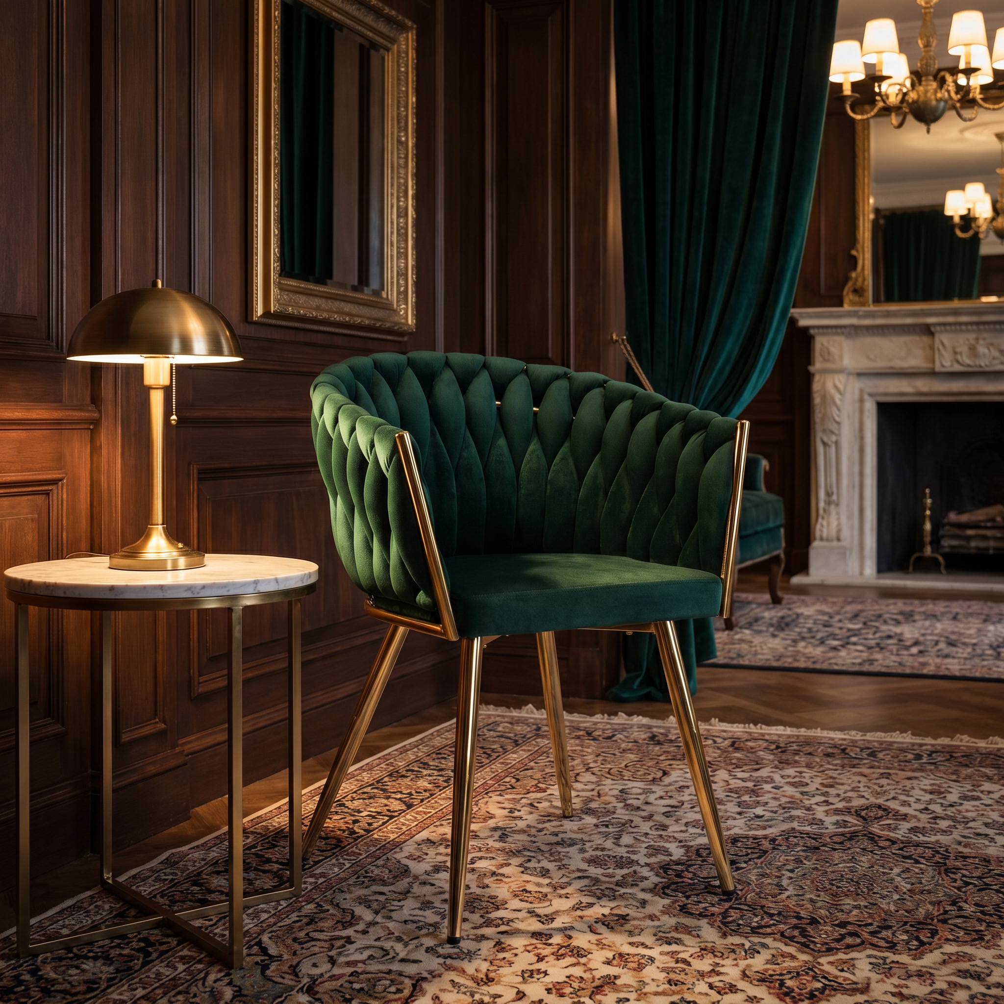 Krzesło welurowe plecione GREEN GOLD VELVET ciemnozielone