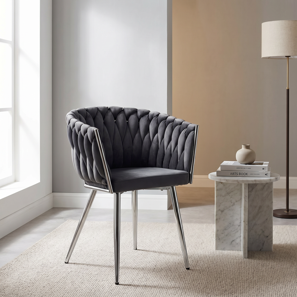 Krzesło welurowe plecione GRAY CHROM VELVET grafitowe