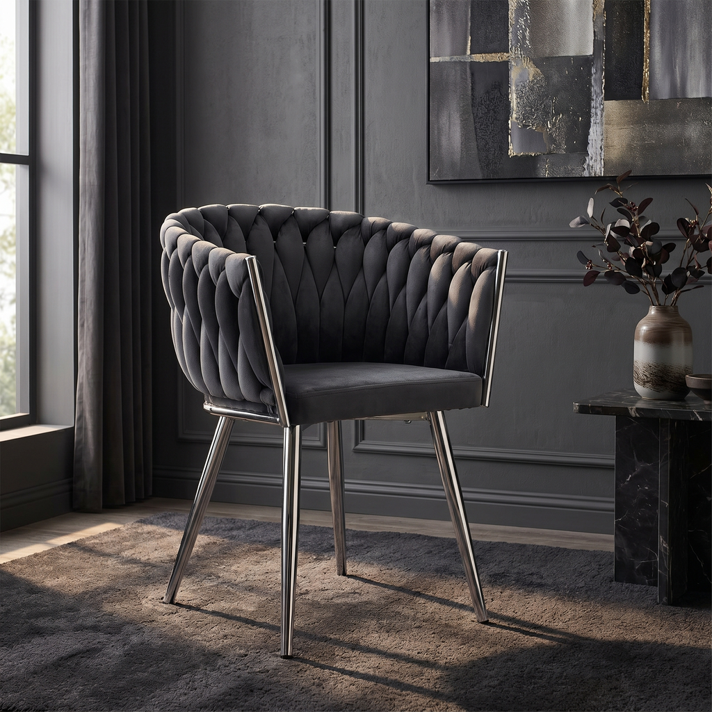 Krzesło welurowe plecione GRAY CHROM VELVET grafitowe