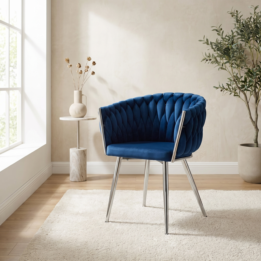 Krzesło welurowe plecione NAVY CHROM VELVET granatowe