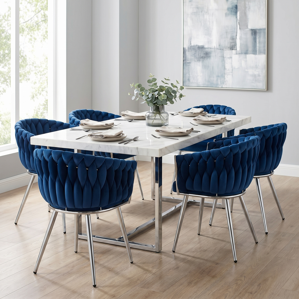 Krzesło welurowe plecione NAVY CHROM VELVET granatowe