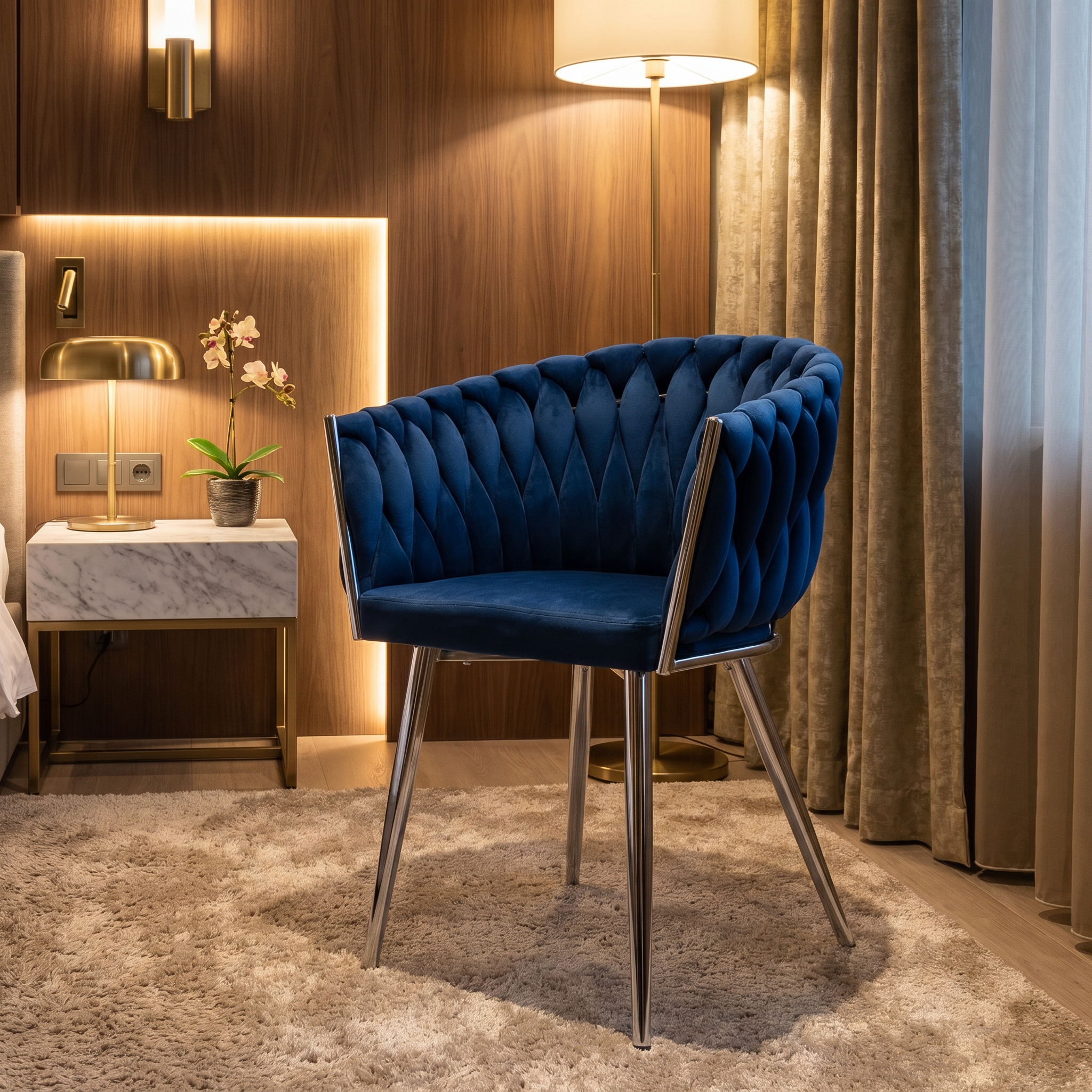 Krzesło welurowe plecione NAVY CHROM VELVET granatowe