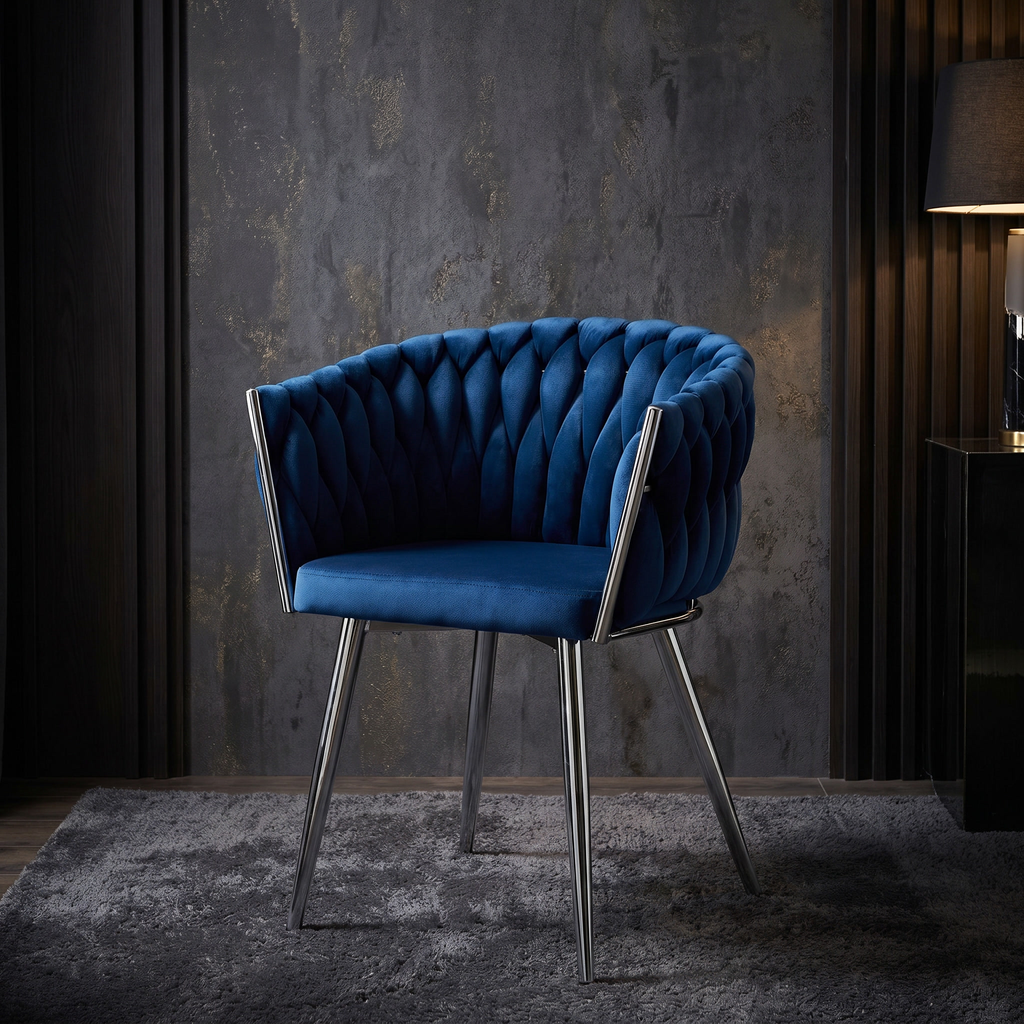 Krzesło welurowe plecione NAVY CHROM VELVET granatowe