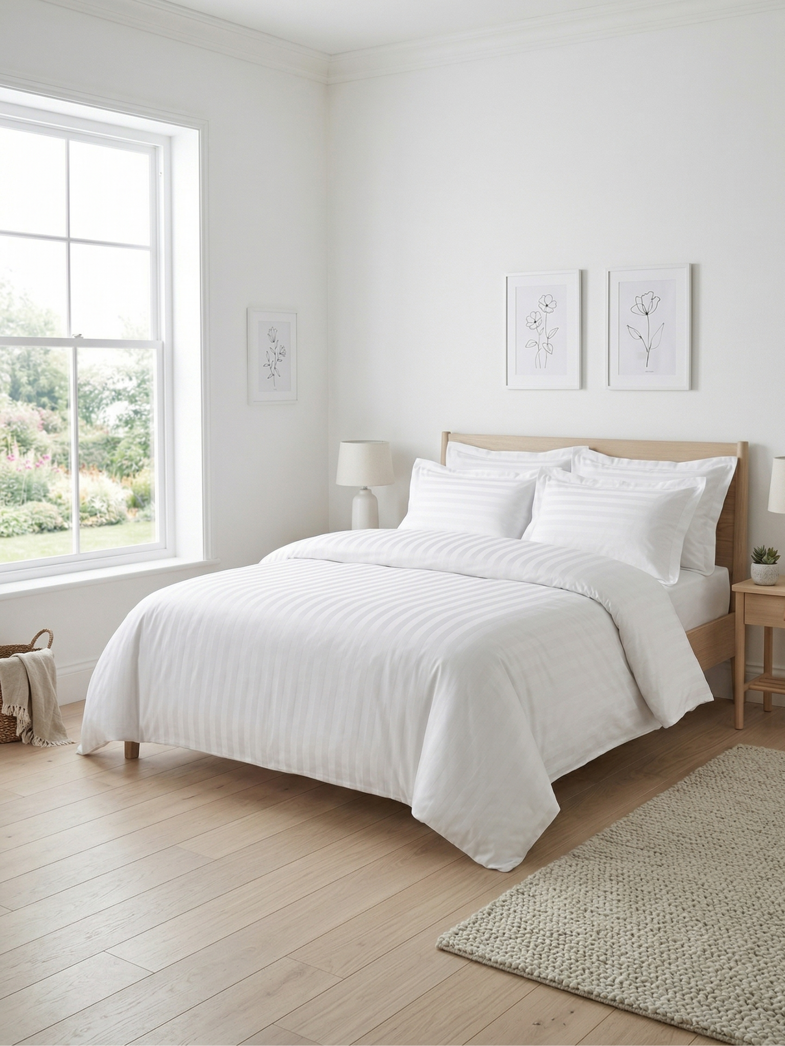 Komplet Pościeli Bawełnianej 3-częściowej Białej w Paski